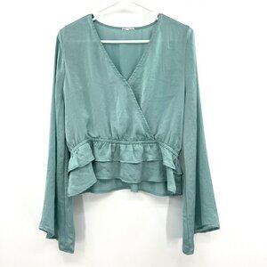 Sadie & Sage Aqua Satin Bell Sleeve Top Women's Large